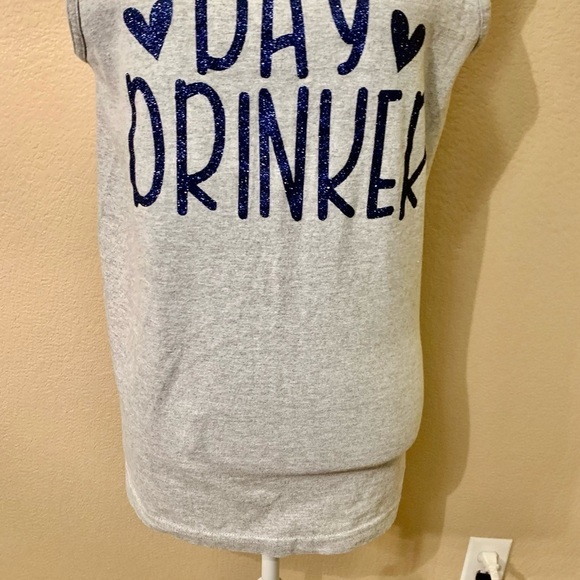 Graphic Tank Top Medium Grey “Day Drinker” Blue Glittery Print Alstyle Cotton - Picture 5 of 15